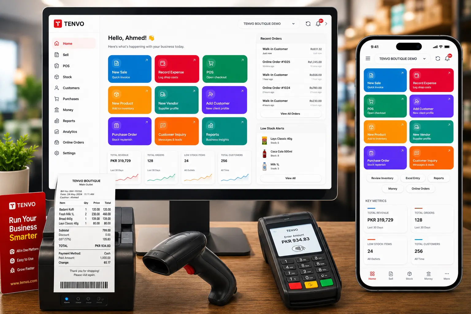 TENVO inventory hub on desktop and mobile with receipt printer, barcode scanner, and payment terminal