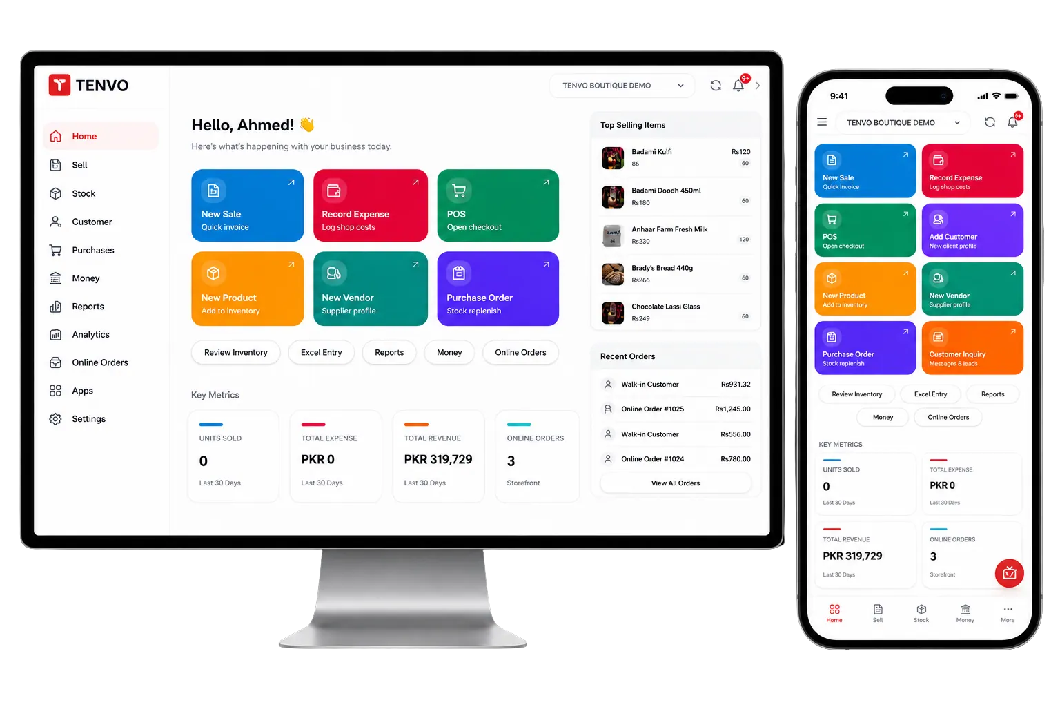 TENVO Easy Mode dashboard on desktop and mobile with live KPIs